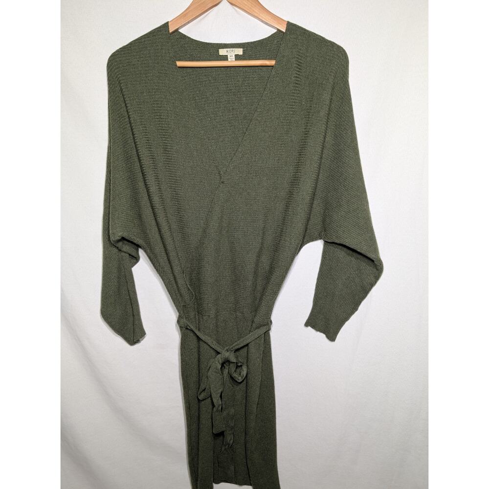 Kori America Womens Olive Ribbed Knit Deep V Sweater Dress M/L Nursing Friendly‎
